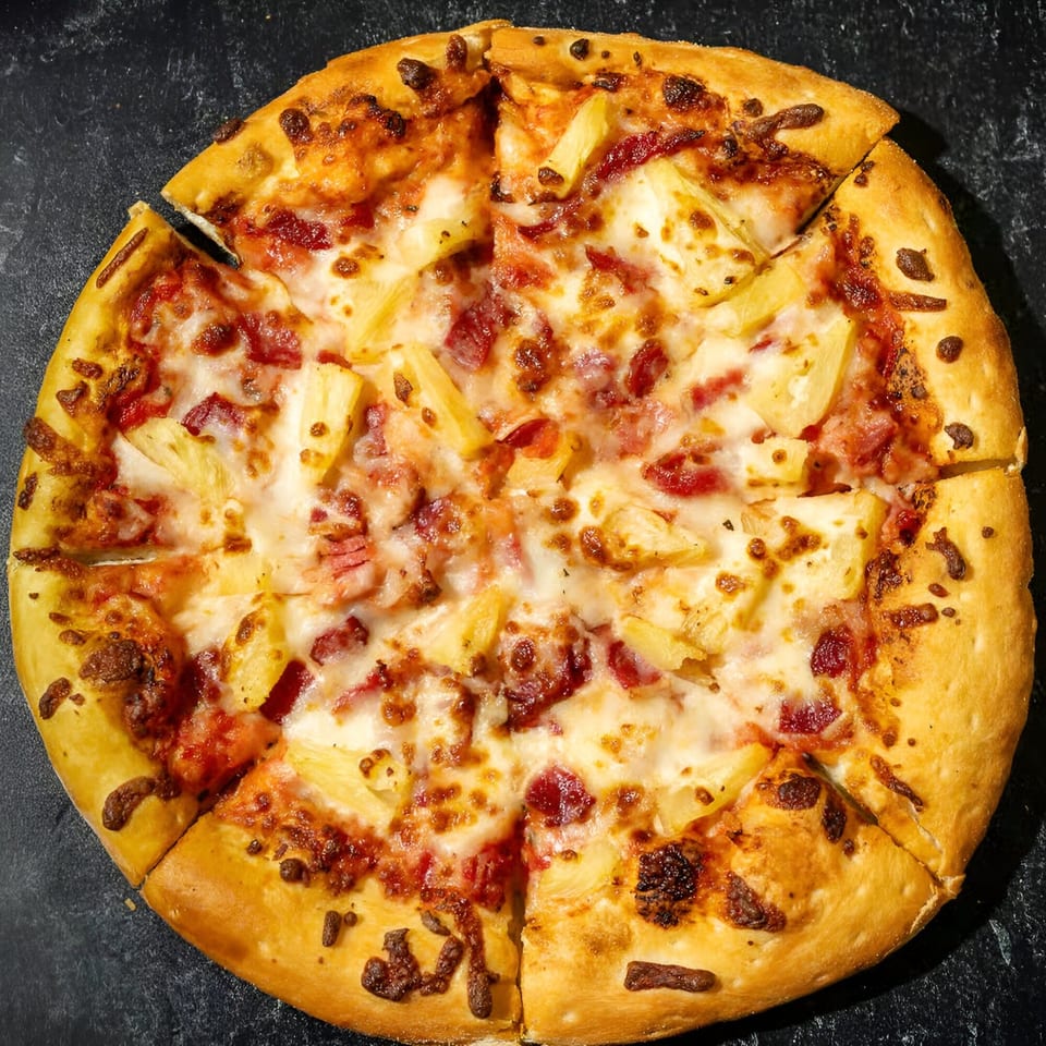 A Mizan Pizza Hawaiian pizza, topped with pineapple and ham, sliced and ready to eat.