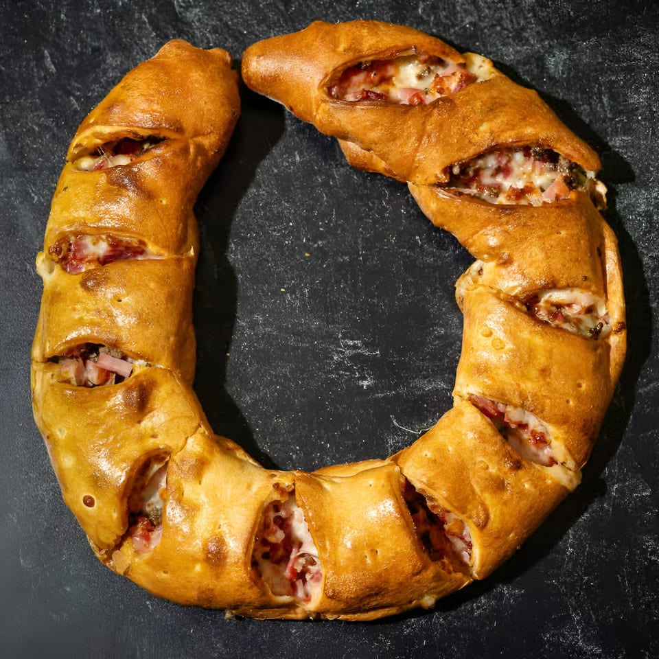 Mizan Pizza's calzone, shaped like the letter 'O', filled with cheese and meat on a dark surface.